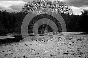Black and white infrared Lake Spanish house Park Tervuren, Brussels, Belgium