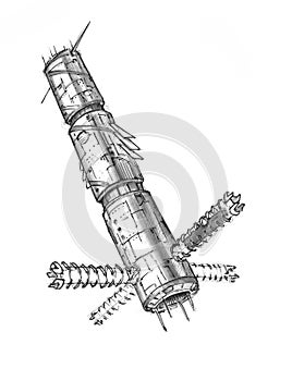 Ink Concept Art Drawing of Futuristic Spacestation or Space Station photo