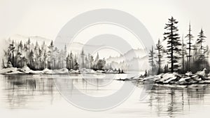 Black And White Ink Painting: Serene River And Forests Landscape