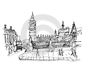 Black and white ink sketch drawing of famous place in London, B