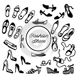 Black and white ink sketch. Women`s shoes collection: flats, pumps, heels, wedges, sandals, flatform, mules. Vector