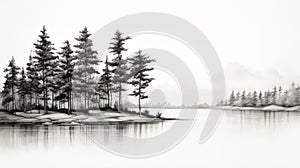 Black And White Ink Wash Painting: Pine Trees Along A Beautiful River
