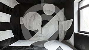 A black and white interior design with bold geometric shapes on the walls and floor creating a sense of modernity and