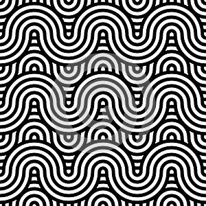 Black and white intersecting repeating circles pattern. Japanese minimal style seamless background. Modern spiral abstract