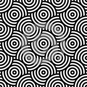 Black and white intersecting repeating circles pattern. Japanese style circles seamless background. Modern spiral abstract