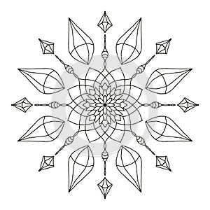 Black and white intricate mandala pattern with gems and leaves