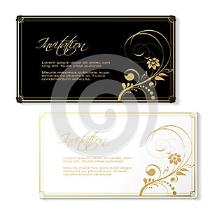 Black and white invitation with golden floral design and golden ornamental frame. Card use for banner, birthday, wedding, voucher,