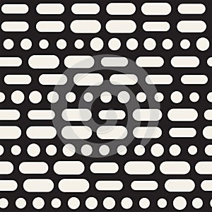 Black and White Irregular Rounded Dashed Lines Pattern. Modern Abstract Vector Seamless Background. Stylish Chaotic Stripes Mosaic
