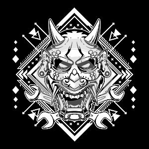 Black and white japanese demon mask with tribal sacred geometry tshirt design