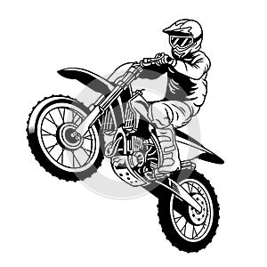 Black and white jumping racer riding the motocross