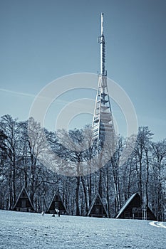 Black and white Kamzik TV transmission tower in Bratislava