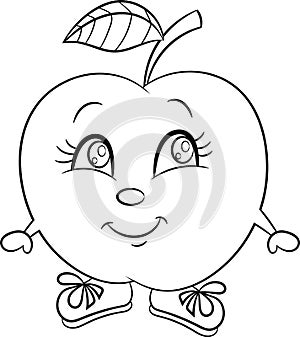 Black and white kawaii drawing of a cute little apple, happy, with shoes, in contour, for children`s coloring book