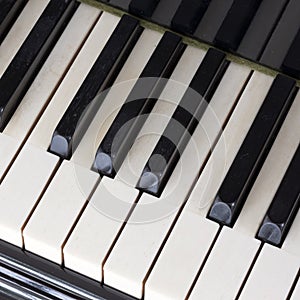 Black and white keys on old ivory keyboard of grand piano