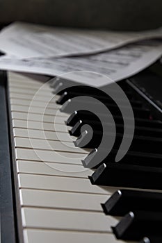 Black and white keys, on the piano. Musical notation, on a piece of paper. A piano with sheet music.