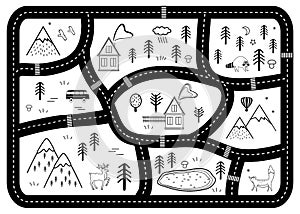 Black and White Kids Road Play Mat. Vector River, Mountains and Woods Adventure Map with Houses and Animals