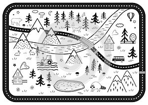 Black and White Kids Road Play Mat. Vector River, Mountains and Woods Adventure Map with Houses, Wood, Field, and