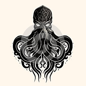 Black and White Kraken,Cthulhu,Octopus Silhouette Ornament Vector Art for Logo and Icon