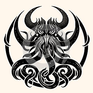 Black and White Kraken,Cthulhu,Octopus Silhouette Ornament Vector Art for Logo and Icon