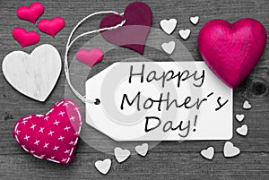 Black And White Label, Pink Hearts, Text Happy Mothers Day
