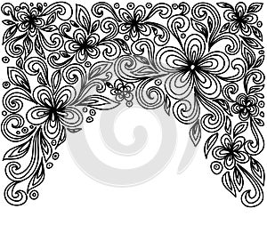 Black and white lace flowers and leaves isolated on white. Floral design element in retro style.