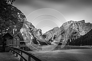 Black and white Lake Braies beach, with the Croda del Becco in the background