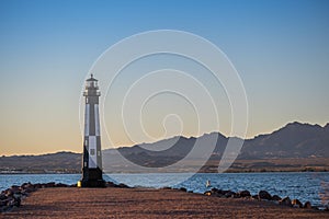 A black and white Lake Havasu Lighthouse in Arizona