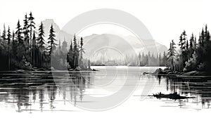 Black And White Lake Scene: High Detail Vector Art Illustration