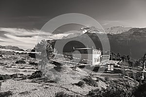 Black and White Landscape Buddhist Monastery Annapurna Circuit Nepal Himalaya Mountains