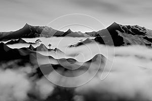 black and white landscape with hills and mountains covered by fog