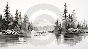 Black And White Landscape Illustration: Mountain, River, And Pine Trees