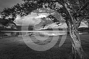 Black and white Landscape image of rowing boats on Llyn Nantlle