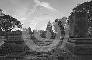 Black and white landscape of Phimai Historical Park. Landmark of Nakhon Ratchasima, Thailand. Travel destinations. Historic site