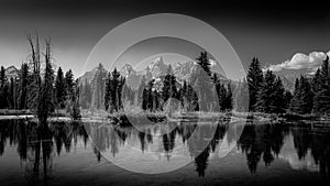 Black and White Landscape Photo of the view of the Grand Tetons from Schwabacher Landing