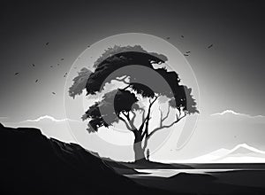 Black and white landscape with the silhouette of a tree and a man under it. Generative AI