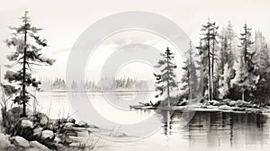 Black And White Landscape Sketch: Pine Trees Along Water