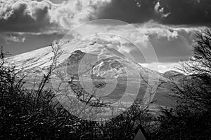 Black and white landscape snowy mountains in The Lake district