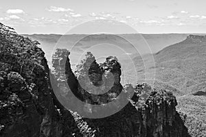 Black and white landscape of Three Sisters rock is the Blue Mountains. Echo Point Katoomba, New South Wales, Australia