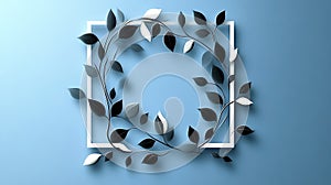 Black and white leaves frame a blue background