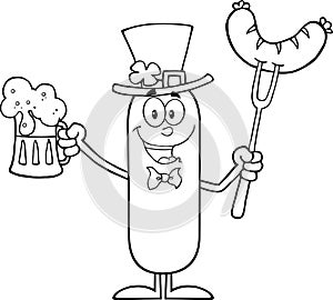 Black And White Leprechaun Sausage Cartoon Character Holding A Beer And Weenie On A Fork