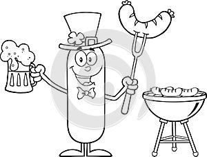 Black And White Leprechaun Sausage Cartoon Character Holding A Beer And Weenie Next To BBQ