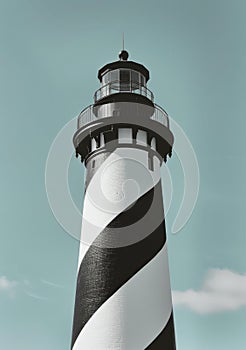 A black and white lighthouse with a blue sky