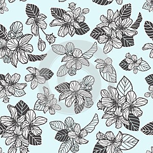 Black white line art apple tree blossom, spring floral vector seamless pattern.