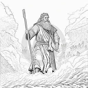 Realistic Line Art of Moses Parting the Red Sea, generative AI