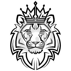Black and white line art of the front of the lion king head with crown It is sign of leo zodiac Good use for symbol mascot icon