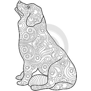 Zentangle Pattern Dog Line Art Illustration, Black and white line art illustration of a sitting dog with an intricate zentangle-