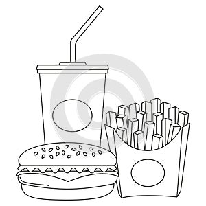 Black and white line art poster fast food soda burger fries