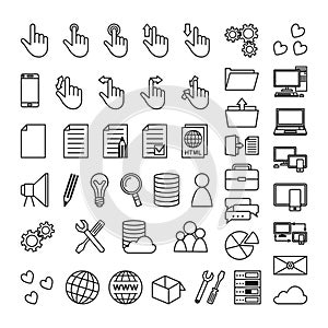 Black and white line art technology themed 46 icon collection