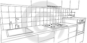 Black and white line drawing of kitchen counter isolated.