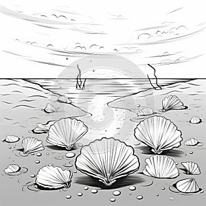 Black And White Line Drawing Of Scallops In The New Yorker Style photo