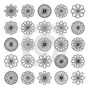 Black and white line floral patterns with various petal
